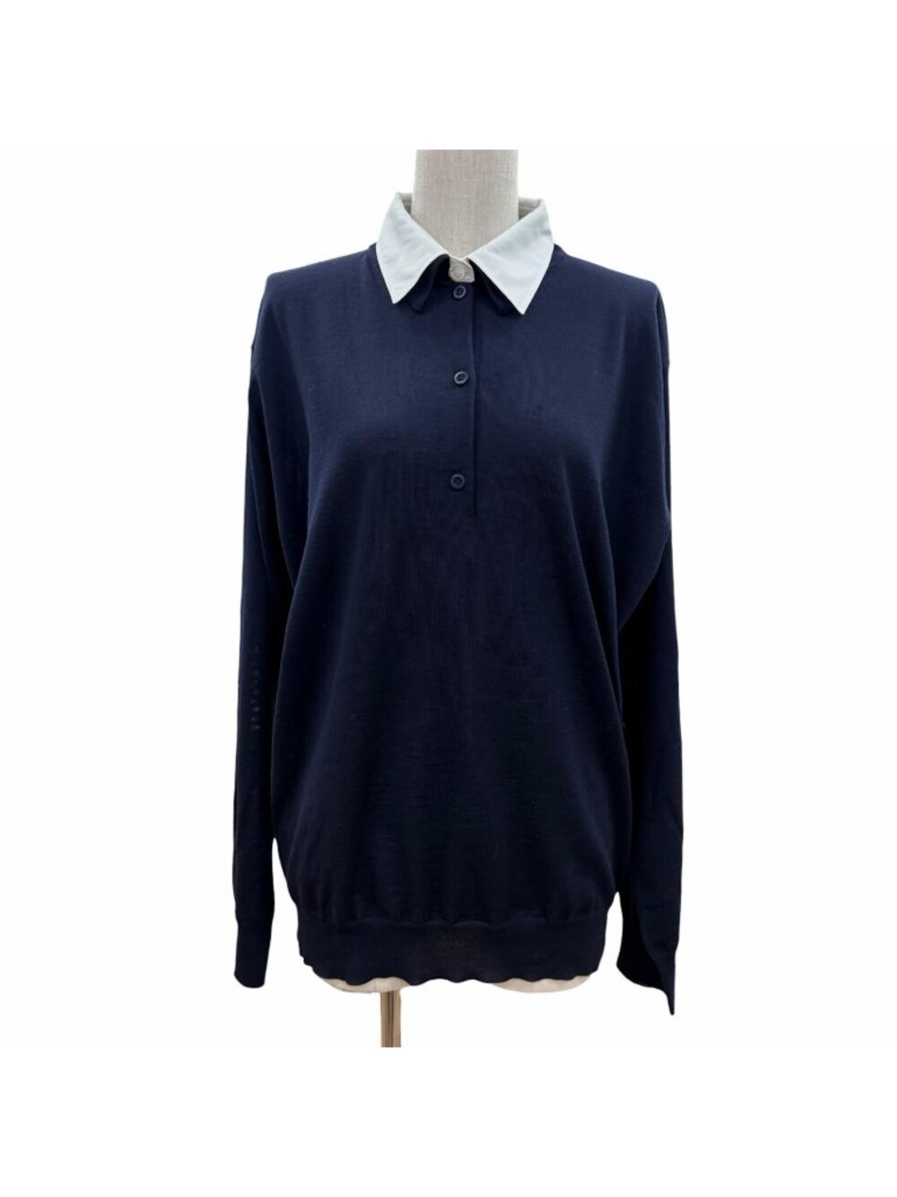 Prada 100% Virgin Wool Collared 2-Way Long Sleeve Polo Shirt Knit Navy 44